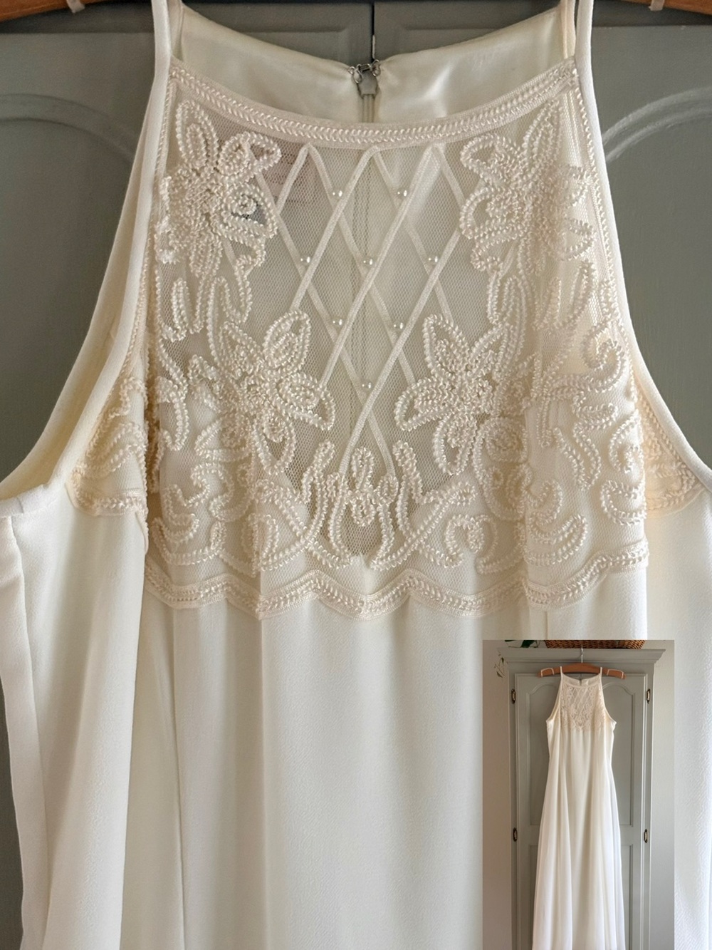 Vintage Scott McClintock Halter Beaded Lace Chiffon Maxi Wedding Dress Gown